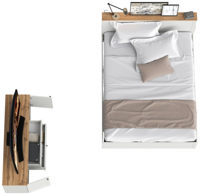 Остин 11.53 Кровать + ортопед + 16.47 Тумба под ТВ, белый шагрень/дуб крафт золотой