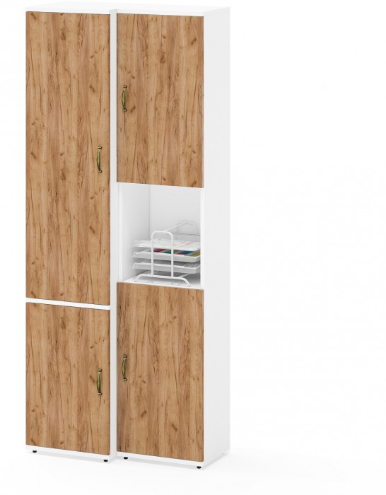 Лидер-8 Модуль Пенал + Пенал МД 21Б, цвет белый шагрень/крафт золото, ШхГхВ 80х37,5х190 см., универсальная сборка