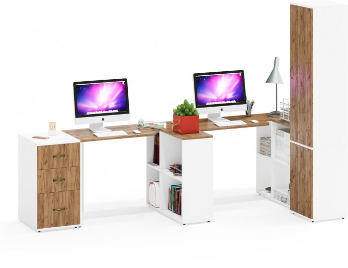 Лидер-8 Стол + Стол + Пенал МД 22Б + Тумба МД 3.16, цвет белый шагрень/крафт золото, ШхГхВ 410х50/37,5х75/190 или 270х120/50х75/190 см., НЕ ун. сб.