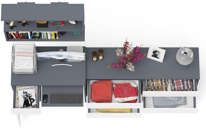 Мори Стол компьютерный МС-1 левый + Комод МК1380.6 + Полка 900, цвет графит/белый, ШхГхВ 228х50х209,6 см., НЕ универсальная сборка