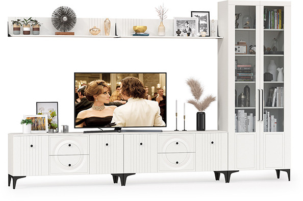 Валенсия Гостиная № 083, цвет ЛДСП белый шагрень/МДФ белый шагрень, ШхГхВ 350,3х38,3х225,2 см., универсальная сборка