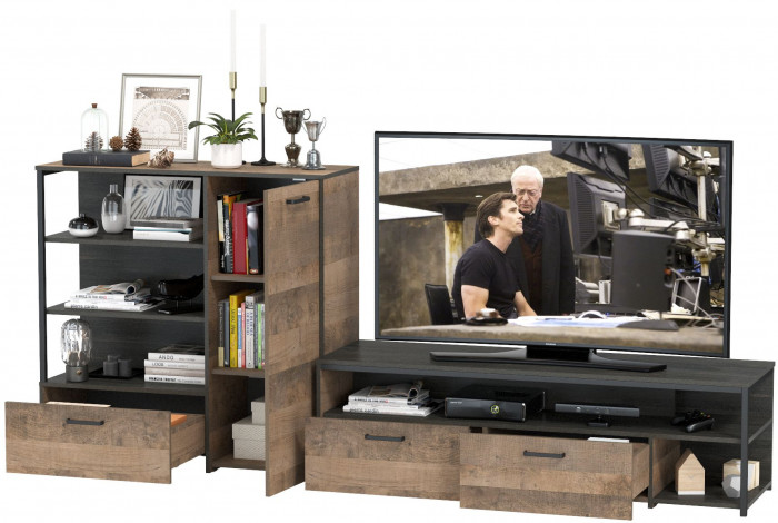 Трувор 13.70 Тумба под ТВ + 13.307.01 Комод, цвет дуб гранж песочный/интра, ШхГхВ 258,8х45,4х106,9 см., универсальная сборка