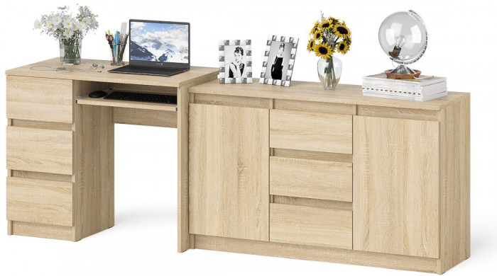 Мори Стол компьютерный МС-6 левый + Комод МК1200.3, цвет дуб сонома, ШхГхВ 210,4х50х76,6 см., выдвижные ящики слева, НЕ универсальная сборка