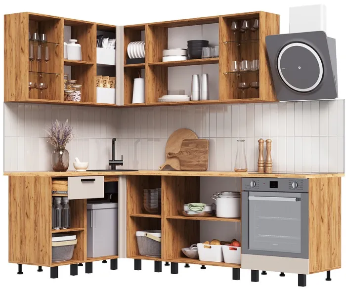 Кухня Техно 1,4х2,4м Компоновка №9, Крафт золотой/Кашемир