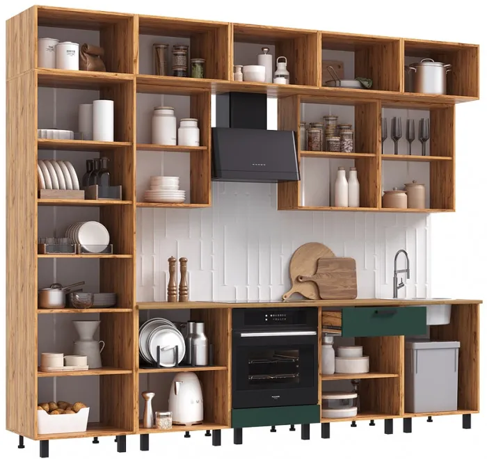 Кухня Техно 3,0/1080м Компоновка №2, Крафт золотой/Браш мени грин