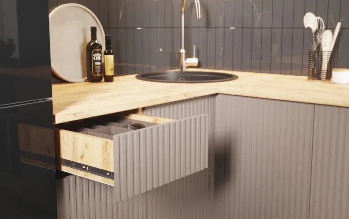 Угловая кухня Оливия NEW 1,4х2,4м, Крафт золотой/Холст латте