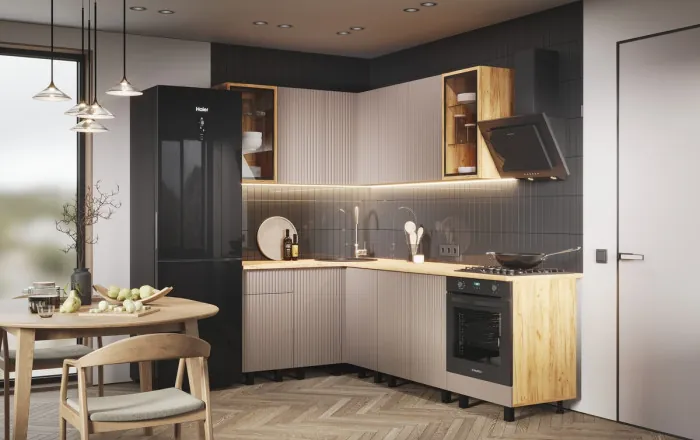 Угловая кухня Оливия NEW 1,4х2,4м, Крафт золотой/Холст латте