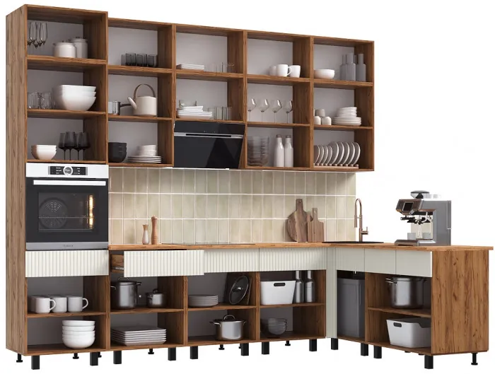 Кухня Оливия NEW 3,0х1,8/1080м Компоновка №2, Крафт золотой/Кашемир