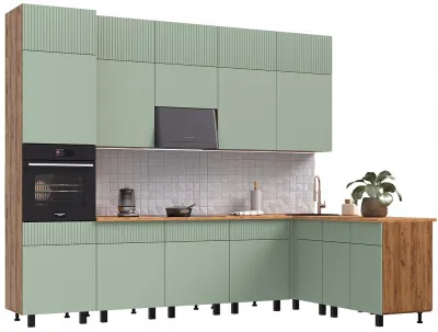 Кухня Оливия NEW 3,0х1,8/1080м Компоновка №2, Крафт золотой/Олива софт