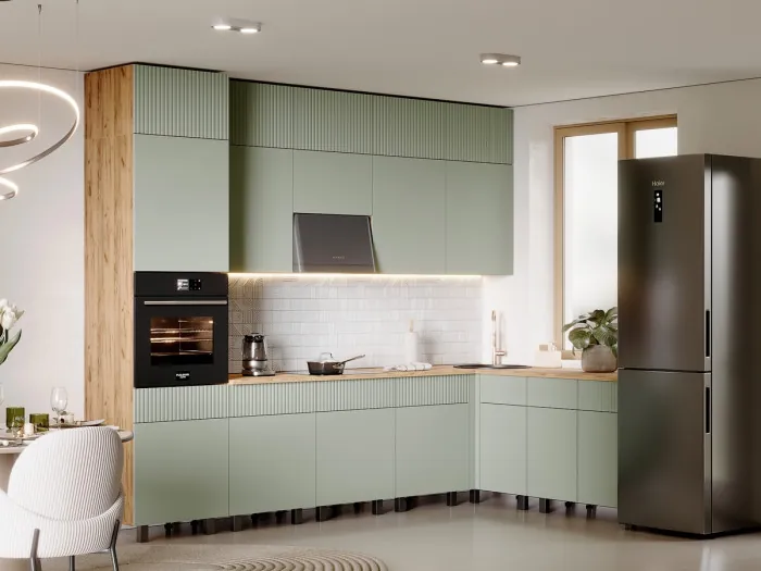 Кухня Оливия NEW 3,0х1,8/1080м Компоновка №2, Крафт золотой/Олива софт