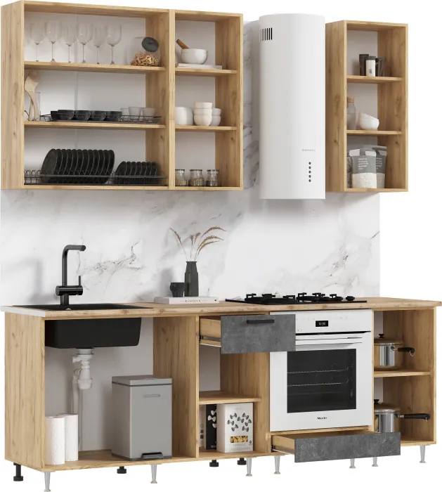 Кухня Рио NEW ЛДСП 2,2/900м (490), Компановка №2, Бетон светлый/Бетон темный, Дуб Крафт