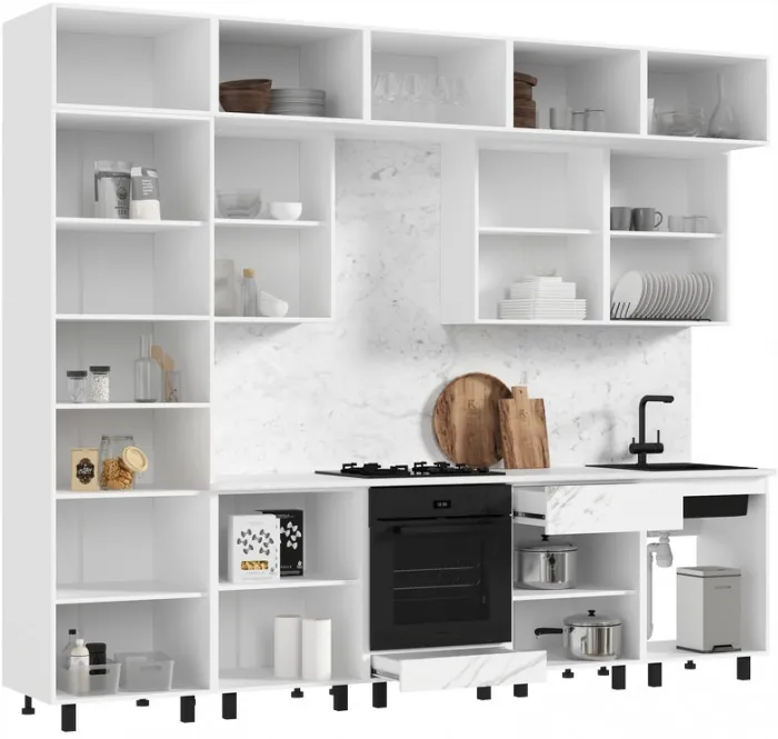 Кухня Оливия NEW 3,0/1080м Компоновка №2, Белый/Мрамор белый софт, Графит софт