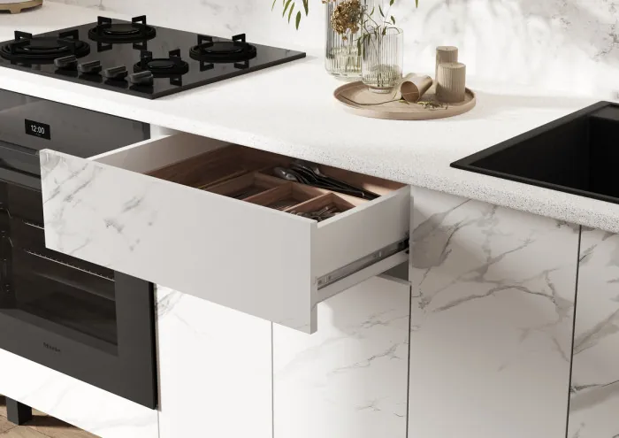 Кухня Оливия NEW 3,0/1080м Компоновка №2, Белый/Мрамор белый софт, Графит софт