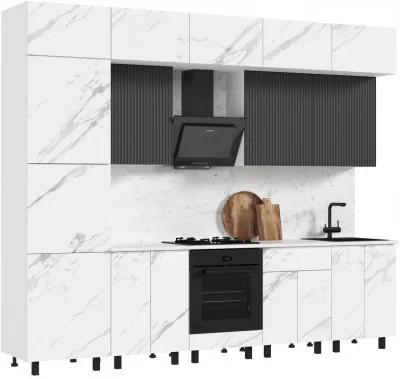 Кухня Оливия NEW 3,0/1080м Компоновка №2, Белый/Мрамор белый софт, Графит софт