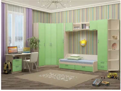 Модульная детская Юниор-7 МДФ (композиция 1) (Ясень шимо светлый, Салатовый)