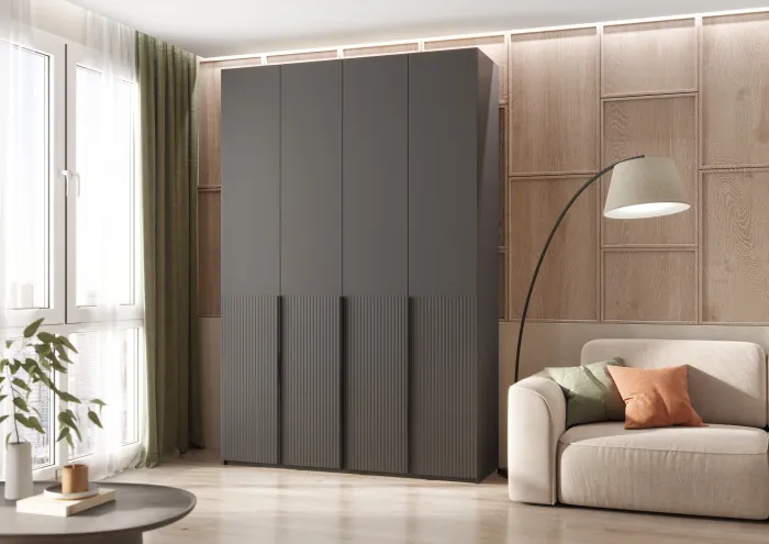 Марвэл Шкаф 4-х створчатый 1600, с доп.ящиками Браш Графит, Графит