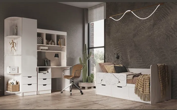 Модульная детская Юниор-4, композиция 1 (Шарли бриз, Крафт белый)