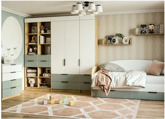 Модульная детская Лавис, композиция 1, Белый/Белый софт / Зеленый софт