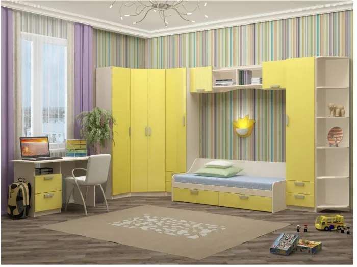 Модульная детская Юниор-7 МДФ (композиция 1) (Ясень шимо светлый, Цитрус глянец)