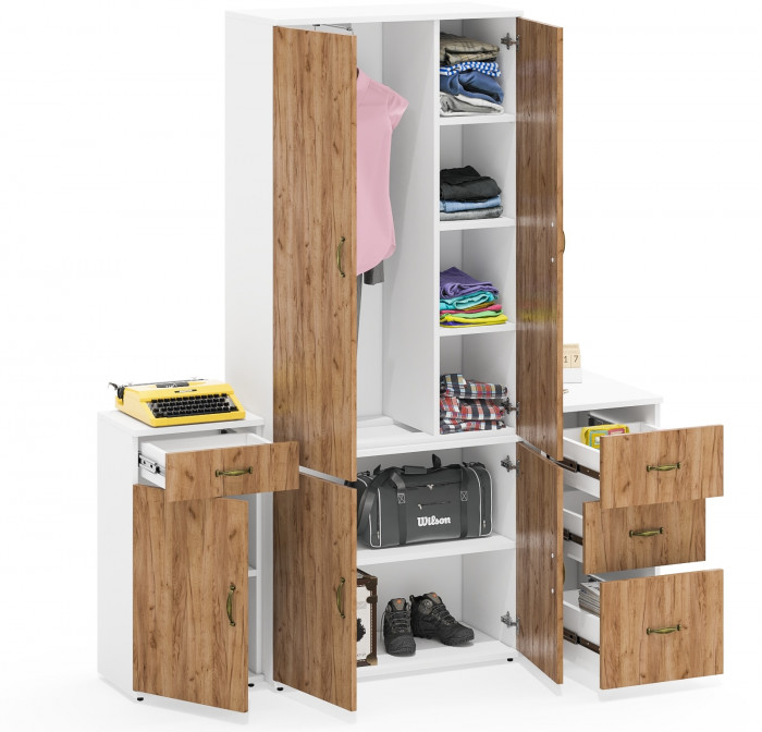 Лидер-8 Шкаф МД 20Б + Тумба МД 3.15 + Тумба МД 3.16, цвет белый шагрень/крафт золото, ШхГхВ 160х50х190 см., НЕ универсальная сборка