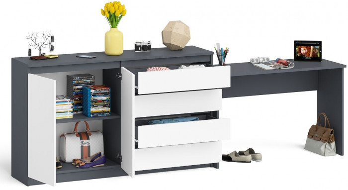 Мори Стол письменный МСП1200.1 + Комод МК1600.1, цвет графит/белый, ШхГхВ 280,8х50х94 см., универсальная сборка