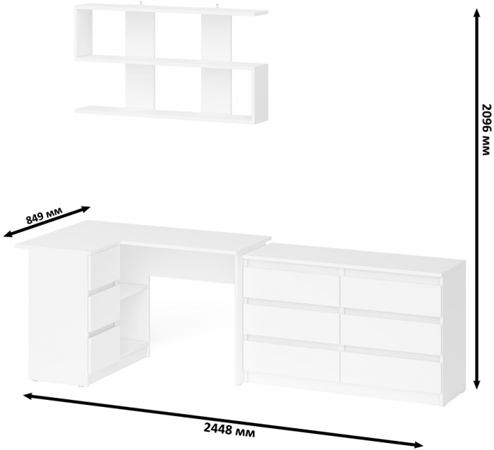 Мори компьютерный стол МС-16 левый + Комод МК1200.6 + Полка 1200, белый