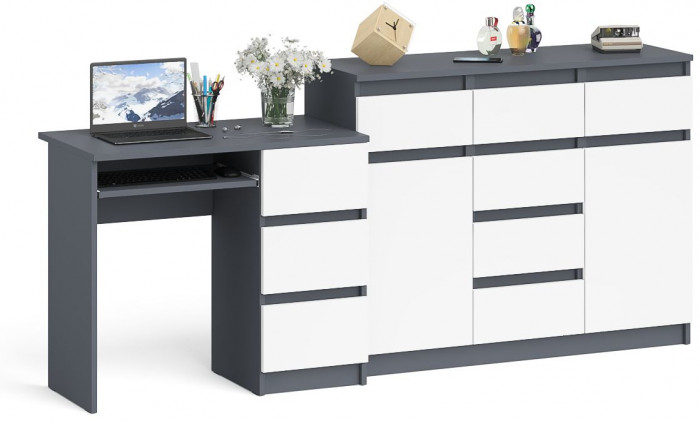 Мори компьютерный стол МС-6 правый + Комод МК1200.4, графит/белый