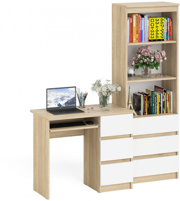 Мори Стол компьютерный МС-6 правый + Стеллаж МСТ600.3, цвет дуб сонома/белый, ШхГхВ 150,4х50х179,6 см., выдвижные ящики справа, НЕ универс. сборка