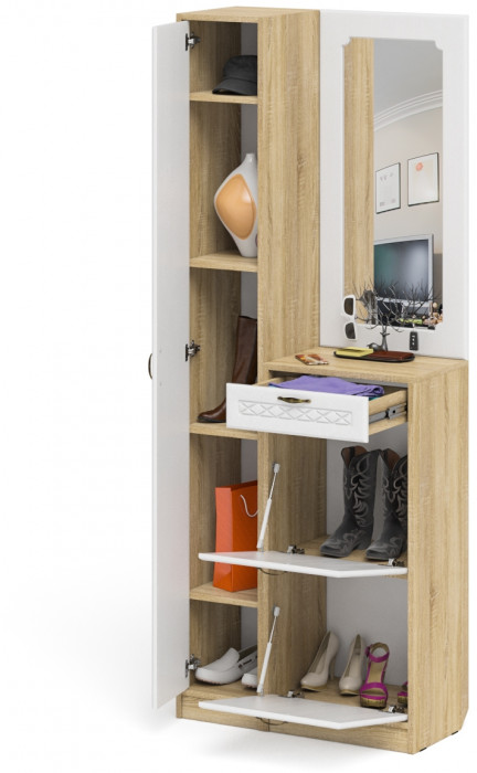 Прихожая П-6 Компоновка № 23, дуб сонома/фасады МДФ белое дерево фрезеровка ромб