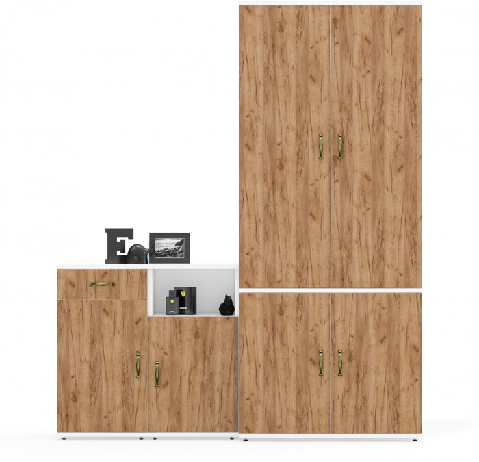 Лидер-8 Шкаф МД 20Б + Тумба МД 3.15 + Тумба МД 3.19, цвет белый шагрень/крафт золото, ШхГхВ 160х37,5х190 см., НЕ универсальная сборка