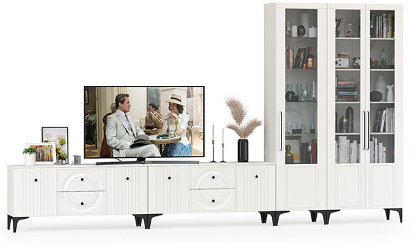 Валенсия Гостиная № 085, цвет ЛДСП белый шагрень/МДФ белый шагрень, ШхГхВ 405,3х38,3х225,2 см., универсальная сборка