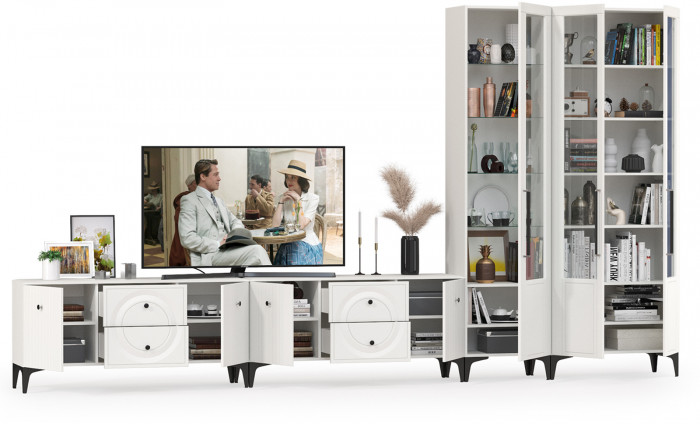 Валенсия Гостиная № 085, цвет ЛДСП белый шагрень/МДФ белый шагрень, ШхГхВ 405,3х38,3х225,2 см., универсальная сборка