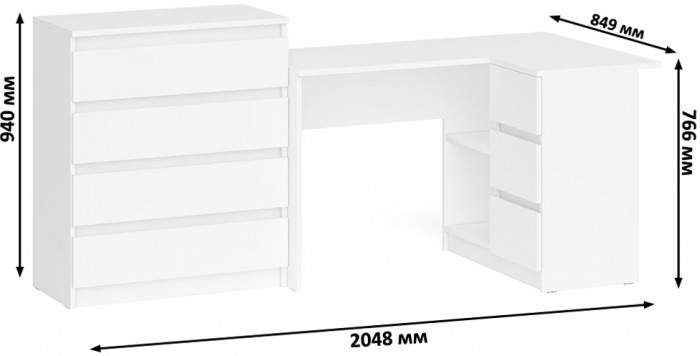 Мори Стол компьютерный МС-16 правый + Комод МК800.4, цвет белый, ШхГхВ 204,8х84,9х94 см., выдвижные ящики справа, НЕ универсальная сборка