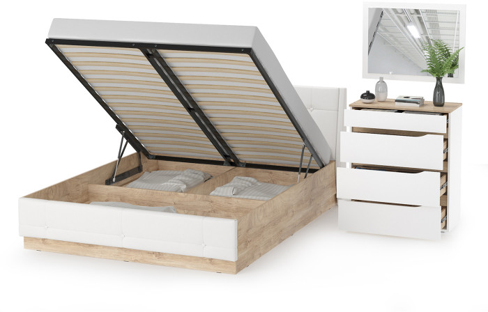 Муссон Кровать 11.28 + подъёмный ортопед + Комод 13.97 + Зеркало СВК, цвет белый/дуб эндгрейн элегантный/кожзам белый, сп. м. 1600х2000 мм., б/м