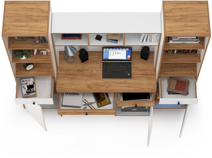 Вуди Компоновка № 07, цвет белый премиум/дуб крафт золотой, ШхГхВ 200х52,7х180,3 см., универсальная сборка