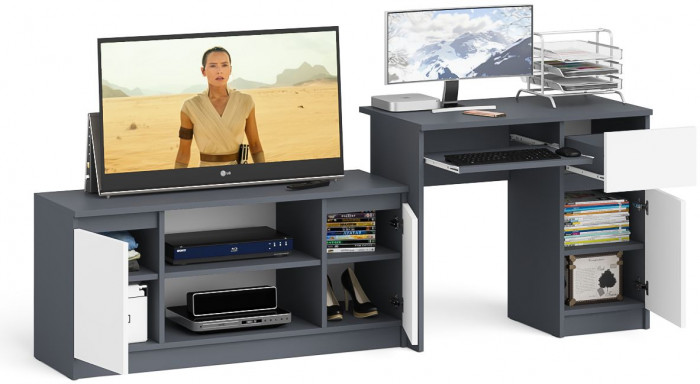 Мори компьютерный стол МС-1 правый + Тумба МТВ1200.1, графит/белый