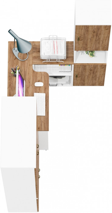 Лидер-8 Шкаф МД 20Б + Стол + Пенал, цвет белый шагрень/крафт золото, ШхГхВ 285х50/37,5х75/190 или 195х120х75/190 см., НЕ универсальная сборка