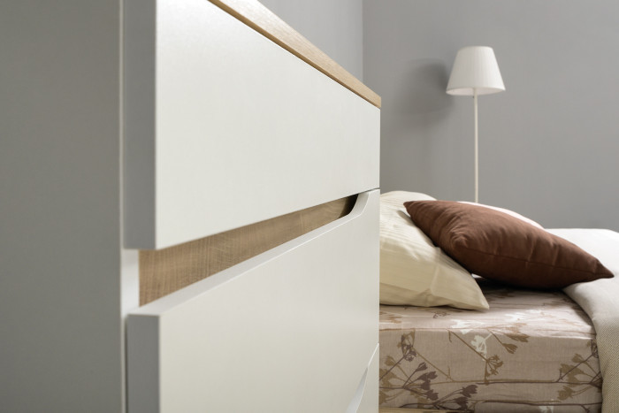 Муссон Кровать 11.28 + подъёмный ортопед + Комод 13.97 + Тумба ТВ 13.276, цвет белый/чёрный/дуб эндгрейн элегантный/кожзам белый, 1600х2000 мм., б/м