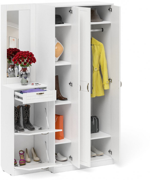 Прихожая П-6 Компоновка № 49, цвет белая шагрень/фасады МДФ белое дерево фрезеровка прованс, ШхГхВ 140х50х210 см., универсальная сборка