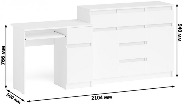 Мори компьютерный стол МС-1 правый + Комод МК1200.4, белый