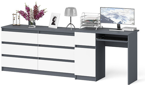 Мори Стол компьютерный МС-1 левый + Комод МК1380.6, цвет графит/белый, ШхГхВ 228х50х76,6 см., выдвижной ящик слева, НЕ универсальная сборка