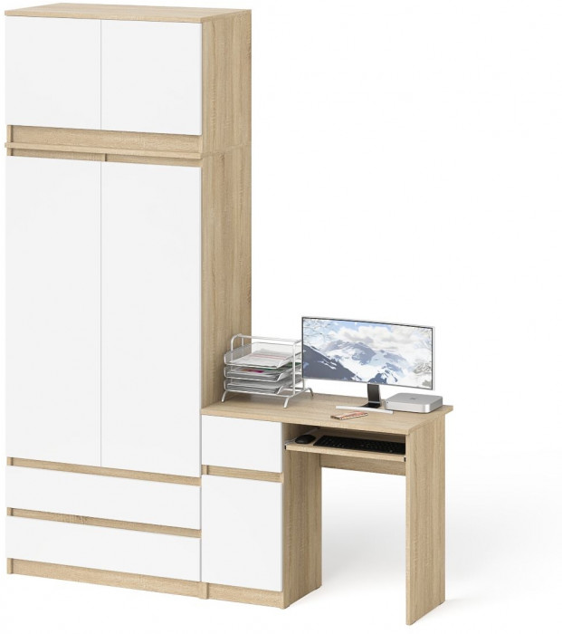 Мори Стол компьютерный МС-1 левый + Шкаф МШ900.1 + Антресоль МА900.1, цвет дуб сонома/белый, ШхГхВ 180,4х50,4х234,2 см., выдвиж. ящ. слева, НЕ ун. сб.