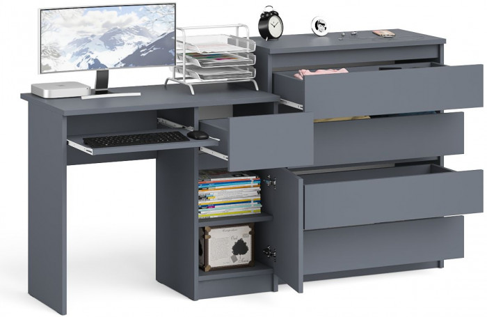Мори Стол компьютерный МС-1 правый + Комод МК800.4, цвет графит, ШхГхВ 170,4х50х94 см., выдвижной ящик справа, НЕ универсальная сборка