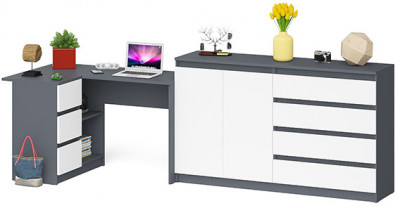 Мори Стол компьютерный МС-16 левый + Комод МК1600.1, цвет графит/белый, ШхГхВ 284,8х84,9х94 см., выдвижные ящики слева, НЕ универсальная сборка