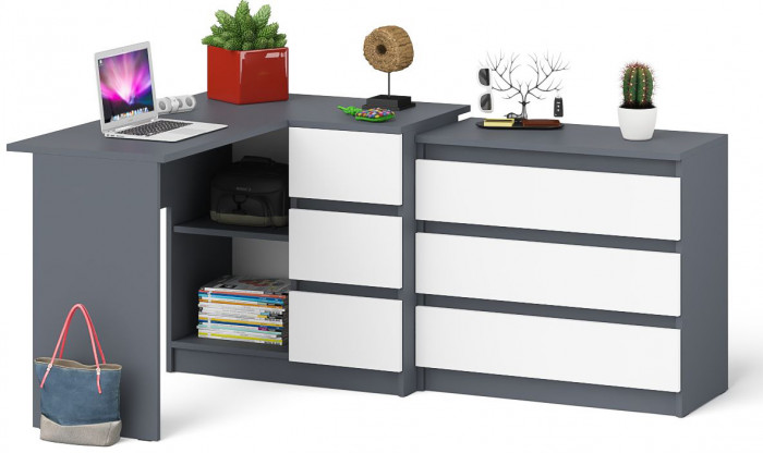 Мори Стол компьютерный МС-16 правый + Комод МК800.1, цвет графит/белый, ШхГхВ 204,8х84,9х76,6 см., выдвижные ящики справа, НЕ универсальная сборка