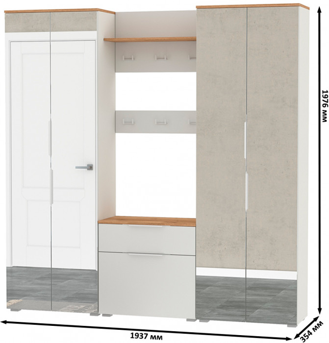 Октава Прихожая 27, цвет белый шагрень/дуб крафт золотой/фасады МДФ белый шагрень, ШхГхВ 193,7х35,4х197,6 см., универсальная сборка