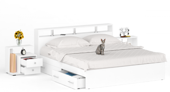 Камелия Кровать с ящиками 1800 + две тумбы, цвет белый, ШхГхВ 296х217х78,2 см., сп.м. 1800х2000 мм., без матраса, основание есть