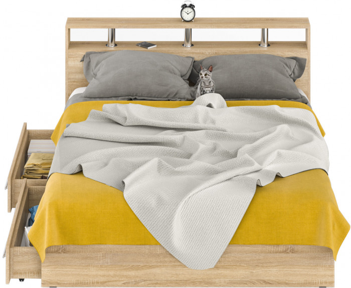 Камелия Кровать с ящиками 1600, цвет дуб сонома, ШхГхВ 163,5х217х78,2 см., сп.м. 1600х2000 мм., без матраса, основание есть