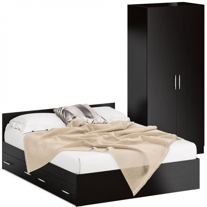 Кровать с ящиками 1600 + Шкаф 2-х створчатый Стандарт, цвет венге, ШхГхВ 163,5х203,5х70 + 90х52х200 см., сп.м. 1600х2000 мм., б/м, основание есть