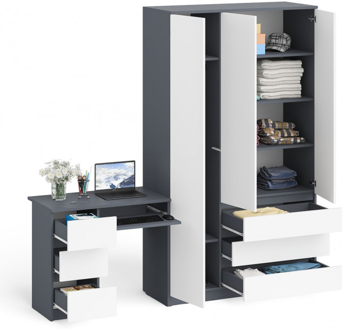 Мори Стол компьютерный МС-6 левый + Шкаф МШ1200.1, цвет графит/белый, ШхГхВ 210,4х50,4х209,6 см., выдвижные ящики слева, НЕ универсальная сборка